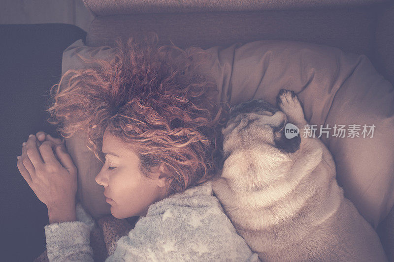 Top view of beautiful woman sleep with her best friend情感性的狗哈巴狗- love and friendship concept with person and animals - protection and forever together friends at home for life